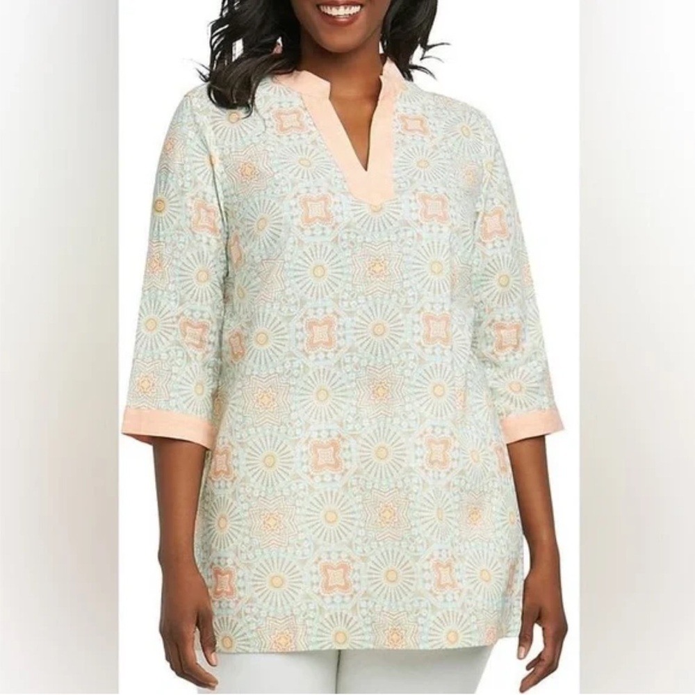 Foxcroft 100% Cotton Pastel Medallion Print Linen Trim Tunic Boho Wrinkle Free